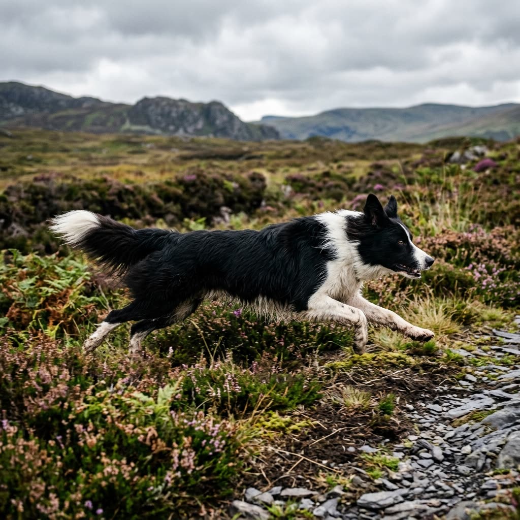 Border Collie im gestreckten Galopp über Heidekraut, gesunde athletische Bewegung, volle unkupierte Rute