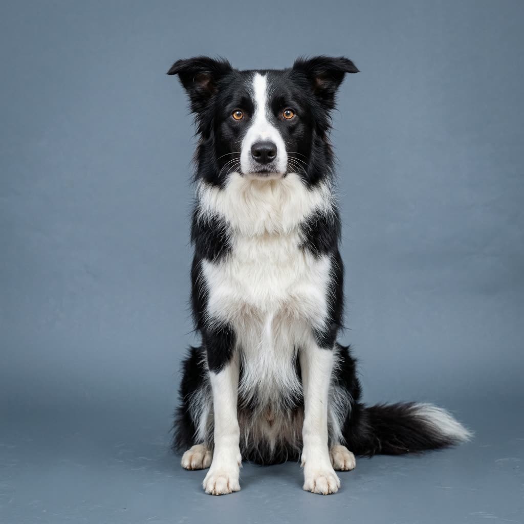 Studioporträt eines gesunden schwarz-weißen Border Collie vor schiefergrauem Grund, sitzend, klarer Blick, Fang von normaler Länge